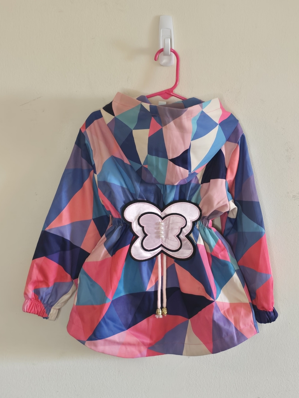 Pink Blue Geometric Windbreaker Girls Size 110 Butterfly Back Hooded
